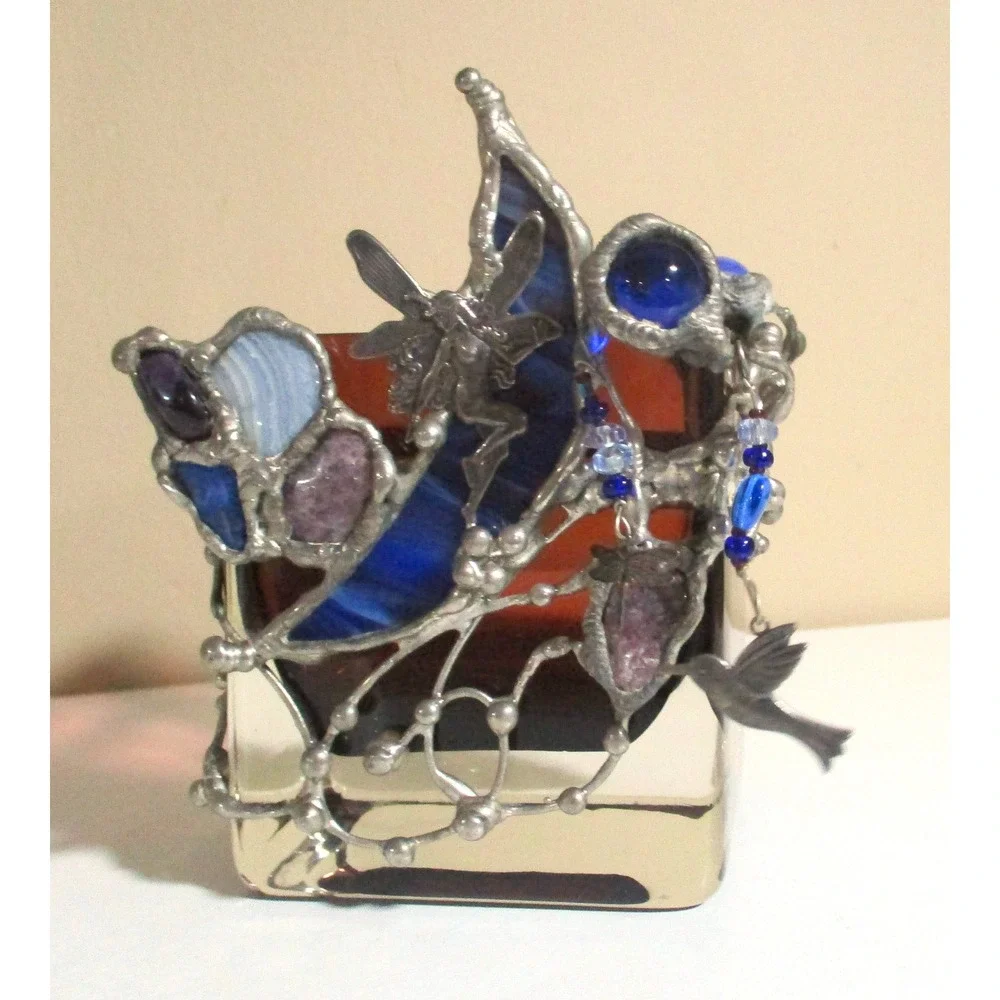 Art Glass Fairy Votive Holder Pewter Metal Moon Amethyst Hummingbird Whimsical